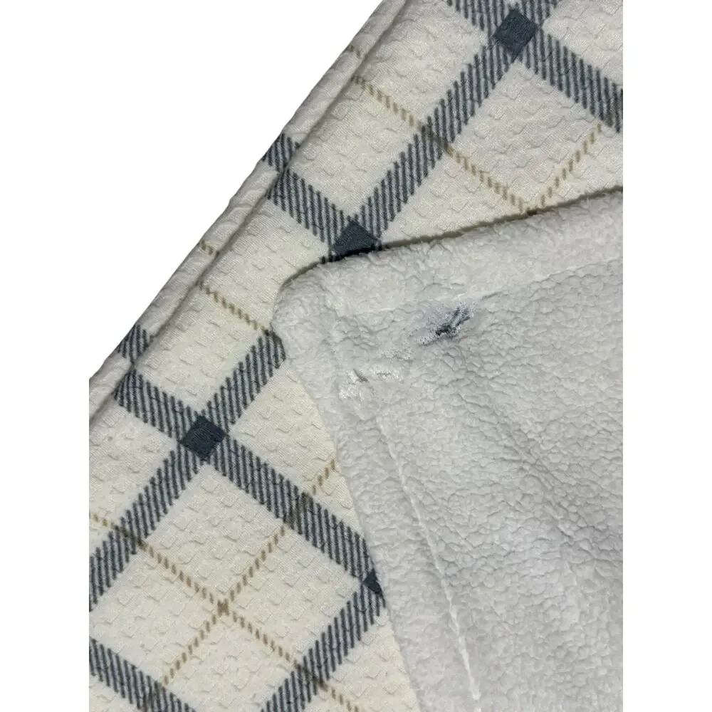 Cream Plaid Print Throw Blanket Reversible Ivory Side Accent Cover Light Damage